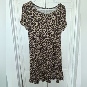 Popyoung Leopard Print Short Sleeve Swing Dress - Beige & Brown